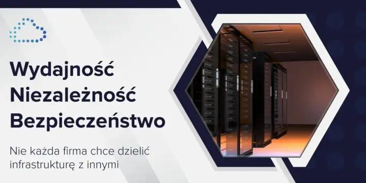 Wydajność, niezależność i bezpieczeństwo. Obraz serwerowni z serwerami w szafach rackowych, symbolizujący hosting dedykowany.