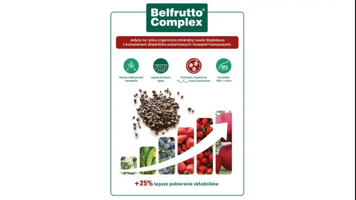 Belfrutto Complex: nawóz organiczno-mineralny z kwasami humusowymi. Zapewnia lepszą strukturę gleby i zwiększa pobieranie składników odżywczych o 25%.