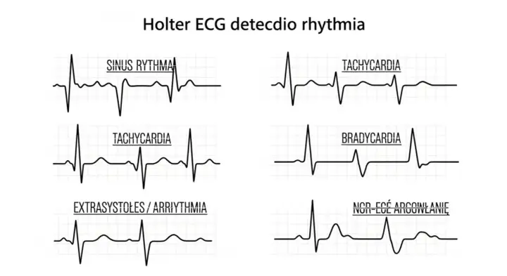 Przykłady zapisu EKG z monitorowania Holterem: rytm zatokowy, tachykardia, bradykardia, ekstrasystole, arytmia.