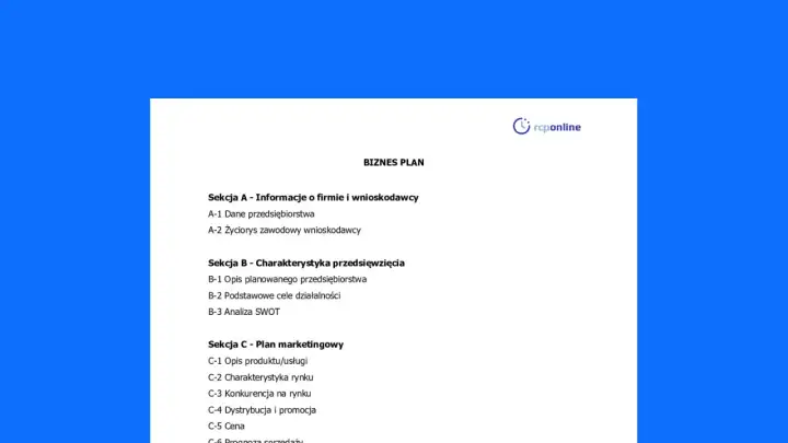 Struktura biznes planu: informacje o firmie, charakterystyka przedsięwzięcia i plan marketingowy.