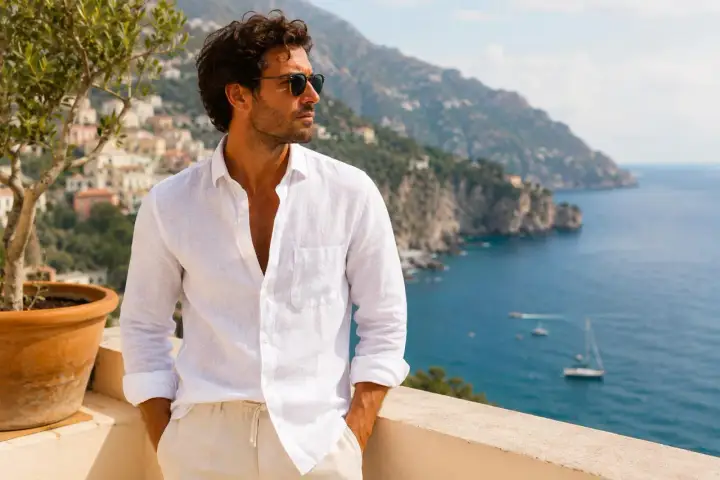 Uomo con camicia bianca in **color lino** e pantaloni beige, con vista sul mare e su un villaggio costiero.
