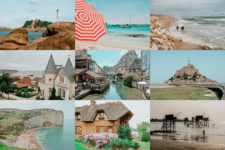 Ein bunter Collage-Überblick über einen Urlaub in Frankreich: Küsten, charmante Dörfer, Mont Saint-Michel und malerische Landschaften.
