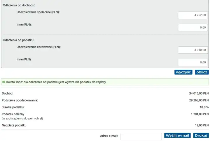 Symulacja podatkowa: dochód 34015 zł, podstawa 29263 zł, stawka 18%. Próg podatkowy 2026 nieprzekroczony, nadpłata 19 zł.