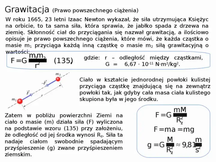 Prawo powszechnego ciążenia opisuje siłę przyciągania między masami. Newton odkrył, że jabłko spada na ziemię dzięki tej samej sile, co Księżyc na orbicie.