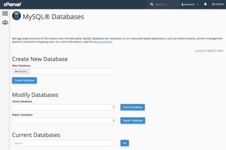 Gestione database MySQL in cPanel: crea, modifica e cerca database per il tuo sito web.