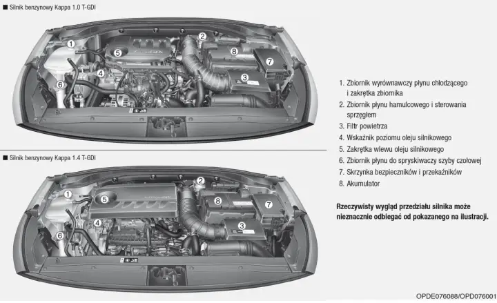 Pod maską Hyundai i30 1.4 benzyna: zbiornik płynu chłodzącego (1), hamulcowego (2), filtr powietrza (3), wskaźnik oleju (4), wlew oleju (5), zbiornik spryskiwaczy (6), skrzynka bezpieczników (7), akumulator (8).