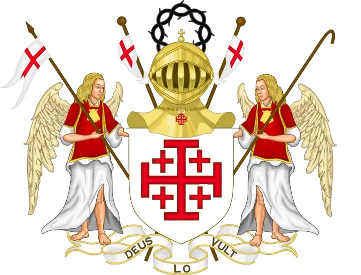 Herb z krzyżem jerozolimskim, dwoma aniołami, hełmem i koroną cierniową.