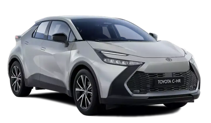 Nowy, srebrny suv Toyota C-HR z czarnymi akcentami i nowoczesnymi światłami.