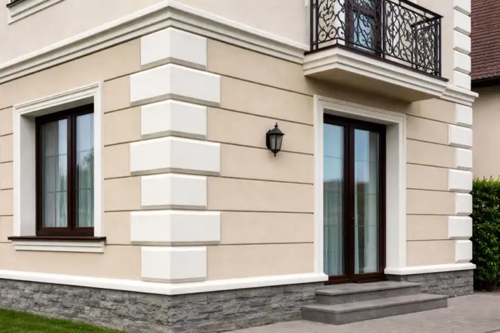 Elegancka fasada domu z kamiennym cokołem i białymi boniami. Okna i drzwi w ciemnej oprawie.