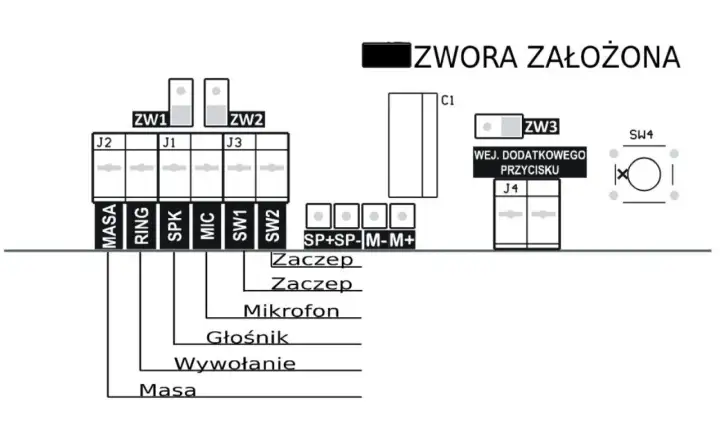 Schemat podłączenia domofonu 6 żyłowego: zworki, złącza J2, J1, J3, SP+SP-M-M+, zaczepek, mikrofon, głośnik, wywołanie, masa.