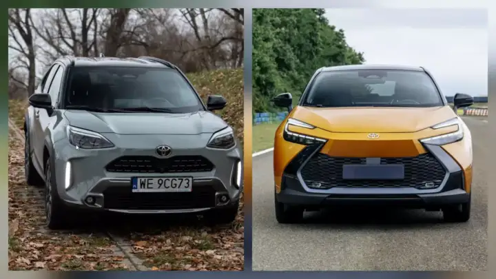 Dwa SUV-y Toyoty: szary model z 2018 roku i żółty, nowszy model, prezentują swoje przednie części.