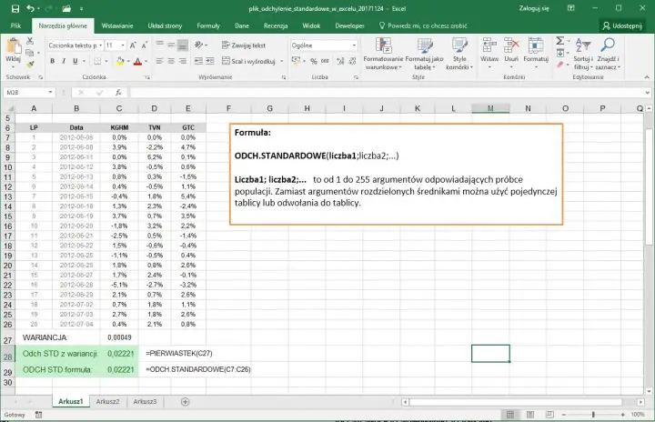 Arkusz Excel z danymi i formułą ODCH.STANDARDOWE, obliczającą odchylenie standardowe dla próby danych.