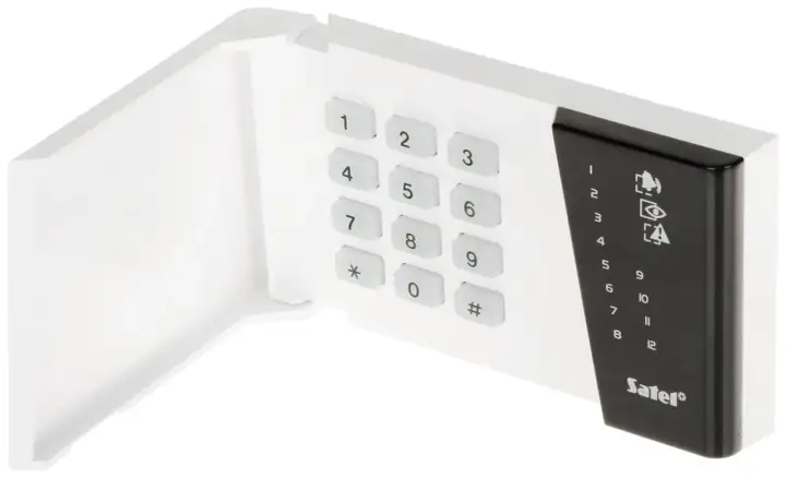 Klawiatura alarmowa Satel CA10 z numeracją i ikonami.