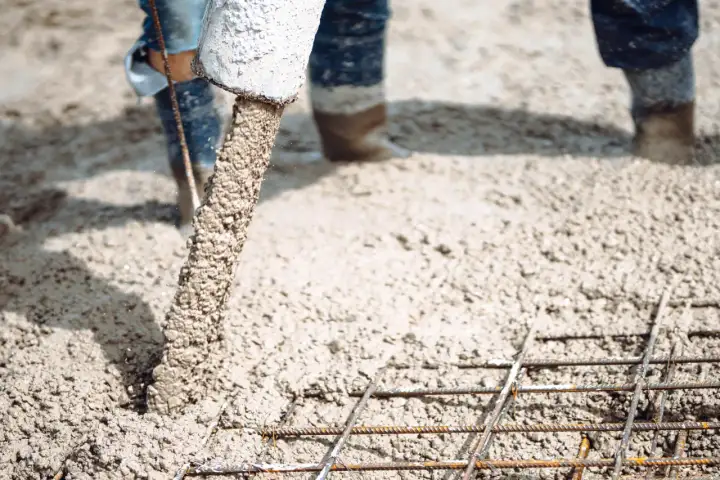 Beton wylewany z rury na zbrojenie, w tle widać nogi w gumowcach.