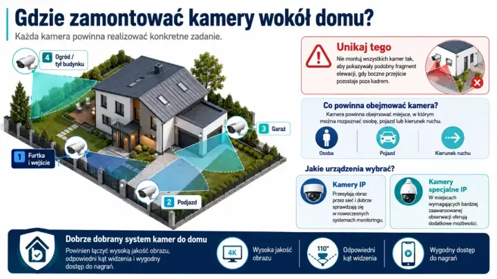 Ilustracja pokazuje, gdzie zamontować kamery na domu jednorodzinnym, aby zapewnić bezpieczeństwo.