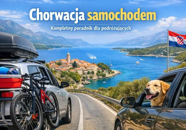 Dwa samochody na drodze z widokiem na chorwackie wybrzeże, jeden z rowerami, drugi z psem w oknie.