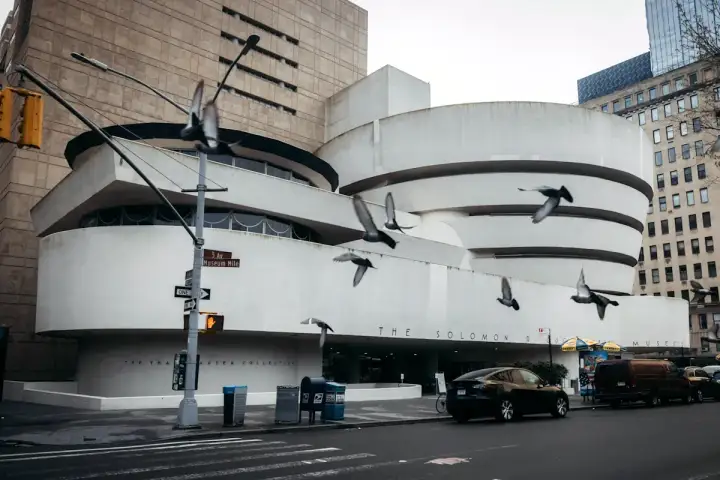 Duvor flyger framför den ikoniska spiralformade Guggenheim-byggnaden. Vem var Guggenheim? En visionär samlare som skapade detta arkitektoniska mästerverk.
