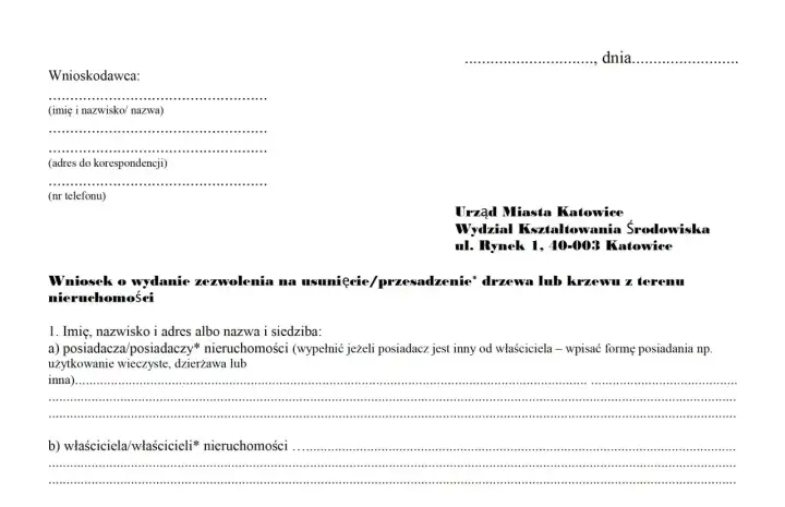 Wniosek o zezwolenie na wycinkę drzew na działce, skierowany do Wydziału Kształtowania Środowiska Urzędu Miasta Katowice.