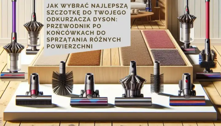 Różne ssawki do odkurzacza Dyson prezentują się obok próbek dywanów.