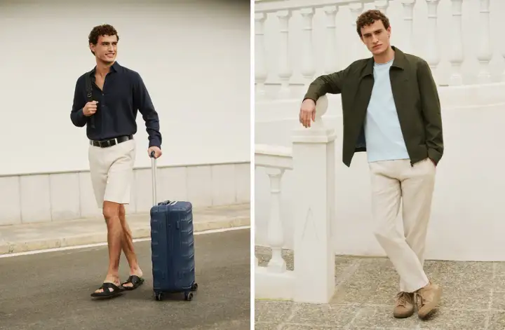 Mężczyzna w stroju smart casual z walizką, gotowy na podróż. Druga stylizacja to lekka kurtka i lniane spodnie.