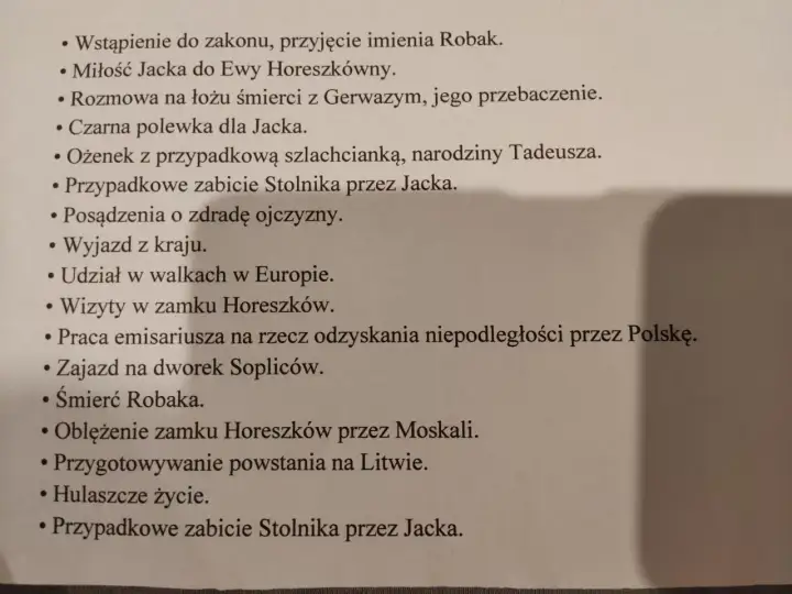 Lista punktowana z wydarzeniami z "Pana Tadeusza", w tym zabójstwo Stolnika.