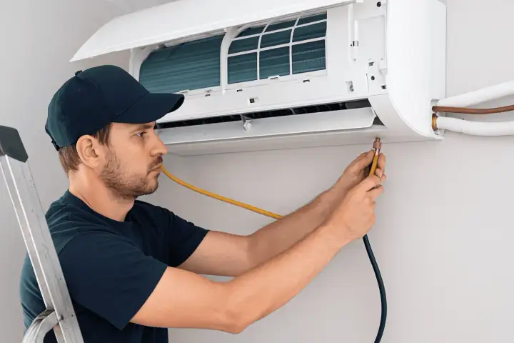 Técnico instalando aire acondicionado, conectando manguera amarilla a la unidad interior.