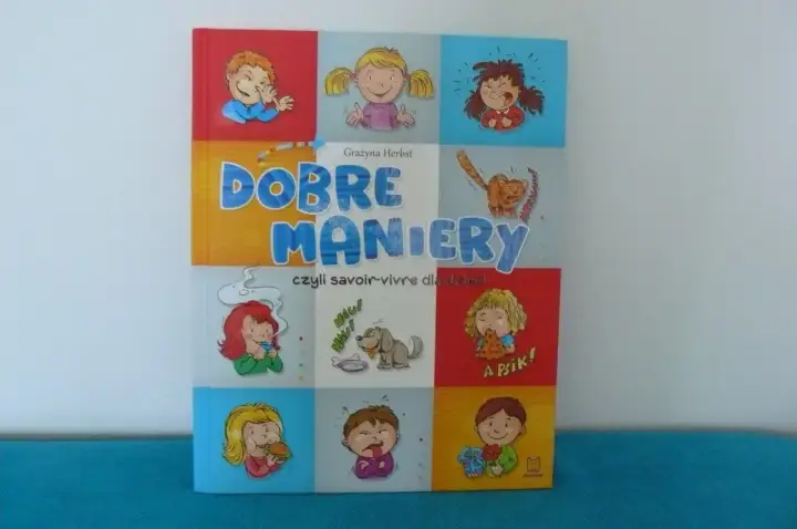 Książka "Dobre maniery, czyli savoir-vivre dla dzieci" z ilustracjami dzieci i zwierząt.