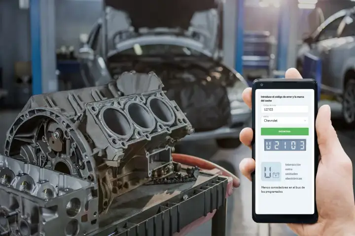 Mecánico usa app para diagnosticar código U2103 en motor de Chevrolet.