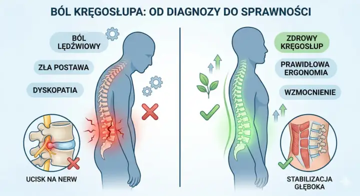Ilustracja porównująca ból kręgosłupa (zła postawa, ucisk na nerw) ze zdrowym kręgosłupem (ergonomia, wzmocnienie).