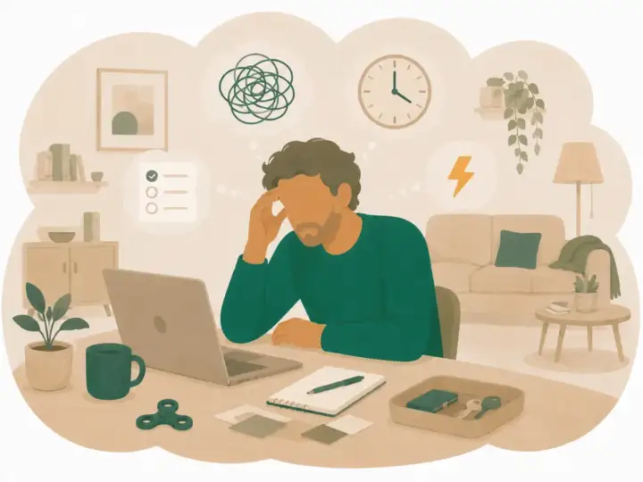 Man med ADHD kämpar med att hantera utbrott. Tankar om oordning, tid och energi cirkulerar.