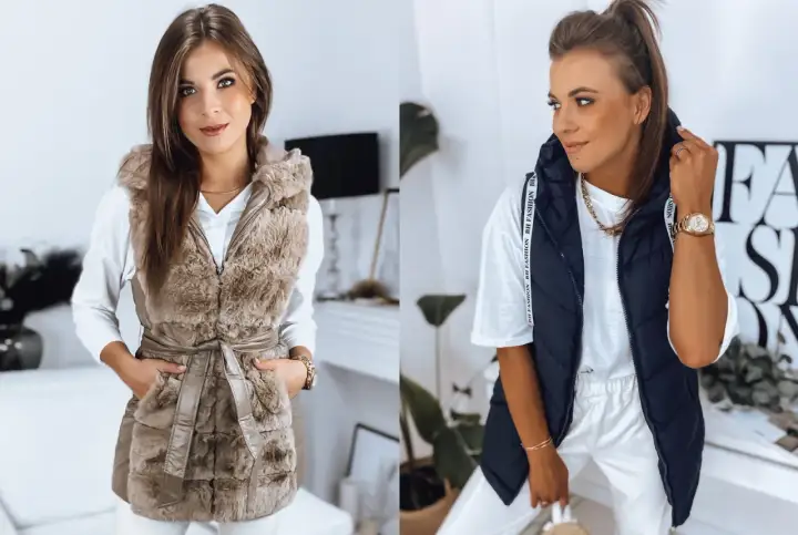 Dwie kobiety prezentują stylowe czarne kamizelki. Jedna w futrzanej, druga pikowana. Idealne do casualowych stylizacji.