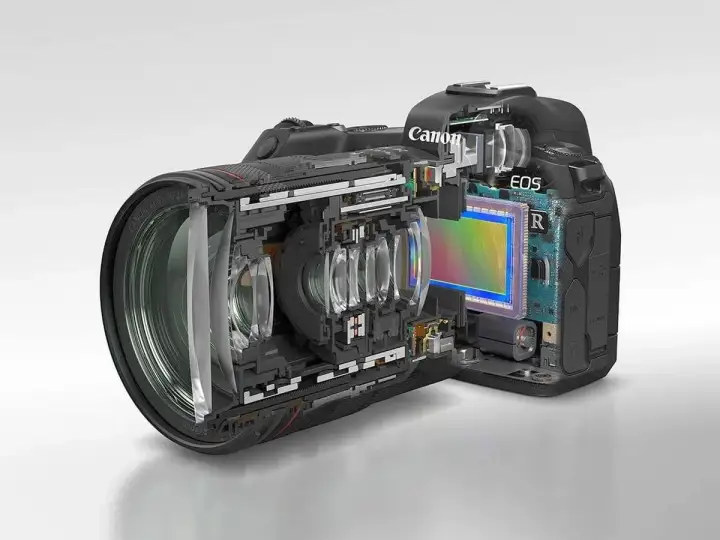 Przekrój aparatu Canon EOS R z obiektywem RF 24-70mm, ukazujący jego wnętrze i matrycę APS-C.