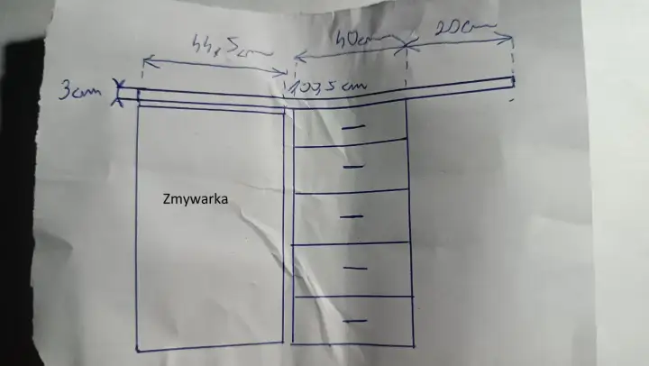 Szkic pokazuje, jak zabezpieczyć blat kuchenny nad zmywarką. Wymiary 44,5 cm, 40 cm, 20 cm, 107,5 cm, 3 cm.