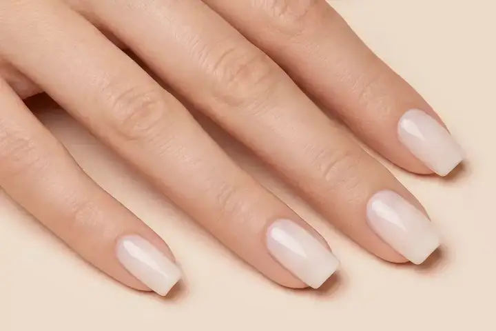 Dłoń z idealnie wykonanymi, klasycznymi paznokciami w mlecznym kolorze. Delikatny manicure podkreśla naturalne piękno.