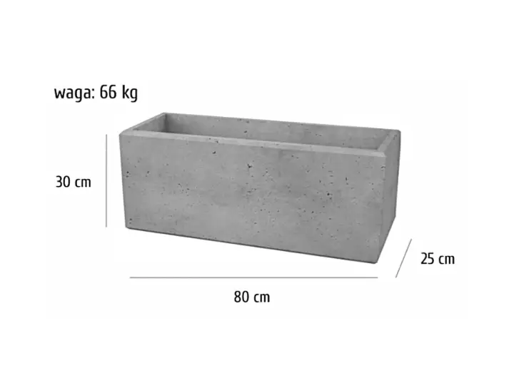 Szary betonowy prostokątny kwietnik o wadze 66 kg. Wymiary bloczków betonowych: 80 cm długości, 30 cm wysokości, 25 cm szerokości.