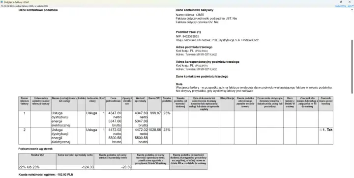 Fragment faktury korygującej KSeF z danymi nabywcy, podmiotu trzeciego i pozycjami faktury.