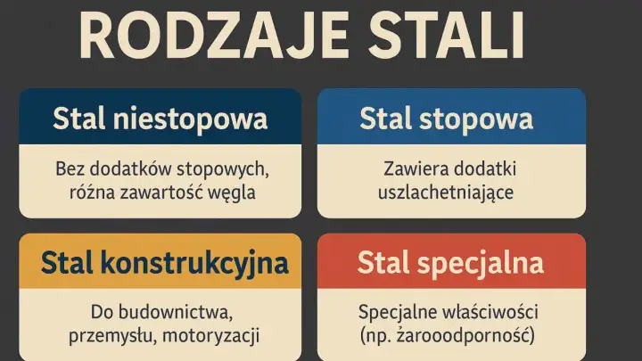 Rodzaje stali: niestopowa (bez dodatków), stopowa (z dodatkami), konstrukcyjna (do budowy) i specjalna (np. żaroodporna).