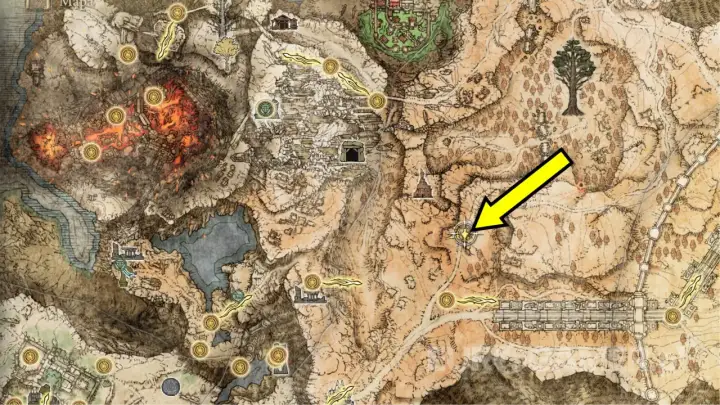 Mapa Elden Ring. Żółta strzałka wskazuje na punkt na mapie, gdzie można spotkać Melinę.