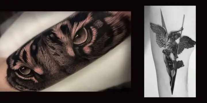 Tatuajes de naturaleza: un ojo de tigre realista y un ángel con alas.