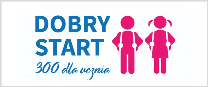 Program Dobry Start: 300 zł dla ucznia. Dwoje dzieci w różowych sylwetkach z szelkami.