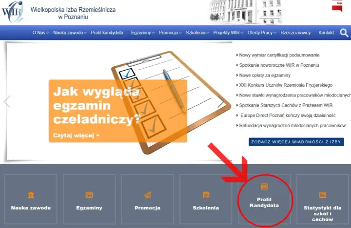 Na stronie głównej Wielkopolskiej Izby Rzemieślniczej widnieje baner z pytaniem "Jak wygląda egzamin czeladniczy?". Podkreślono sekcję "Profil Kandydata".