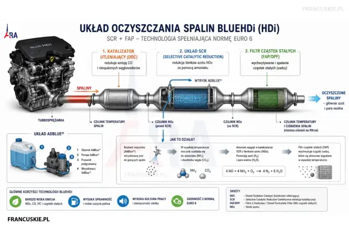Schemat układu oczyszczania spalin BlueHDi dla silnika 1.6 tdi: katalizator DOC, SCR z wtryskiem AdBlue i filtr FAP.