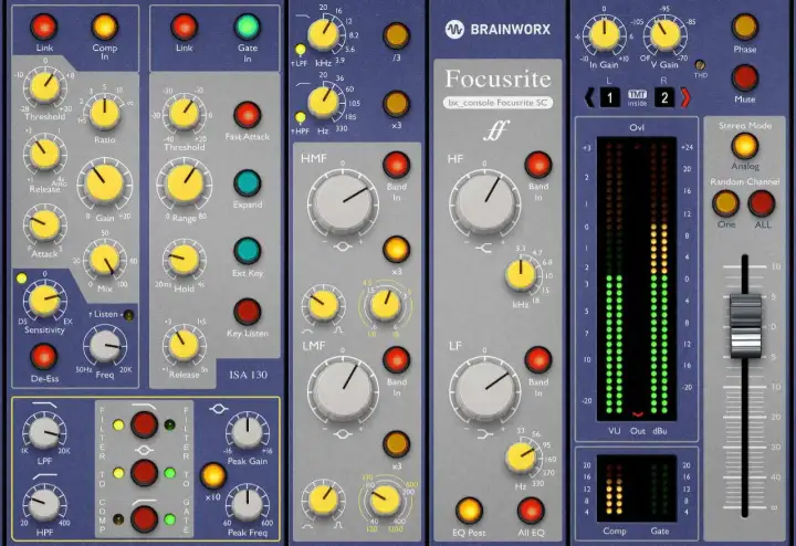 Focusrite bx_console Focusrite SC, a free channel strip plugin, features EQ, compression, and gate modules.