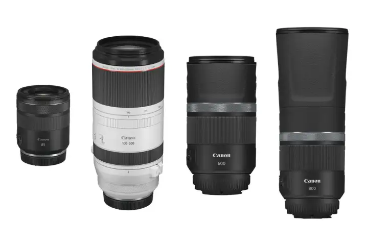 Cztery obiektywy Canon: 85mm, 100-500mm, 600mm i 800mm. Zestaw do fotografii tele, gdzie każdy obiektyw działa jak telekonwerter, przybliżając odległe obiekty.