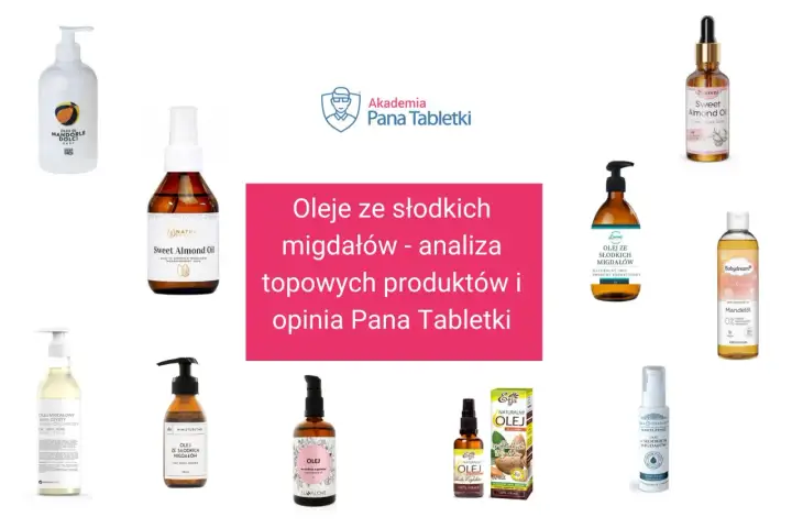 Kolekcja produktów z olejem Prunus amygdalus dulcis, czyli olejem ze słodkich migdałów, do pielęgnacji.