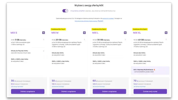 Oferty MIX S, M, L, XL z pakietem solo m play. Wybierz swój plan internetowy i minuty.