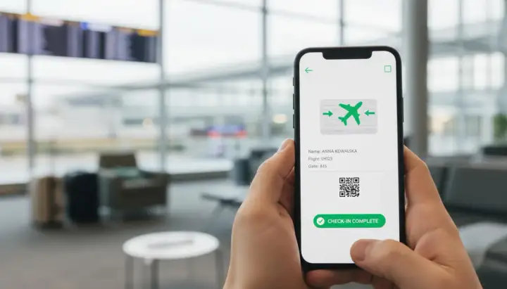 Ręka trzyma smartfon z potwierdzeniem odprawy online. Na ekranie widnieje imię i nazwisko, numer lotu, bramka oraz kod QR.