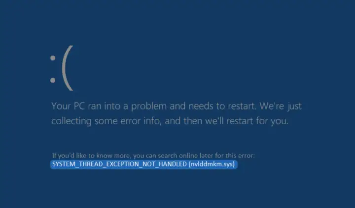 Niebieski ekran śmierci Windows z komunikatem o błędzie SYSTEM_THREAD_EXCEPTION_NOT_HANDLED (nvlddmkm.sys), wskazującym na problem z wideo tdr failure.