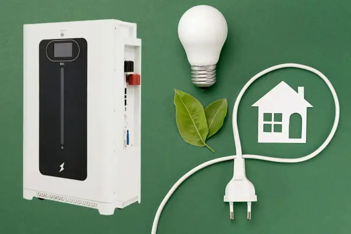 Biały magazyn energii bez fotowoltaiki, żarówka, liście i symbol domu z wtyczką.