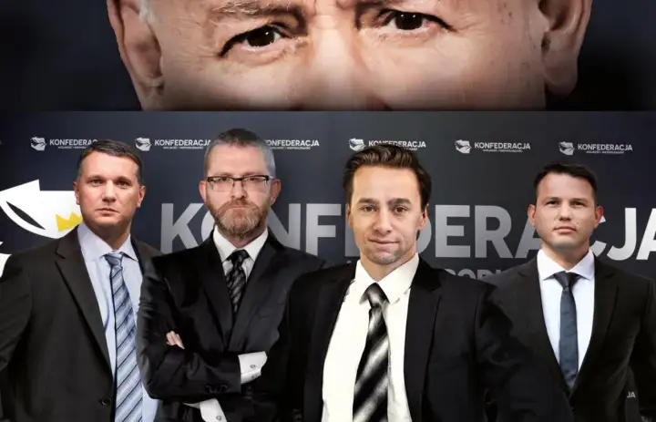 Konfederacja liderzy w garniturach, z poważnymi minami, na tle logo partii.